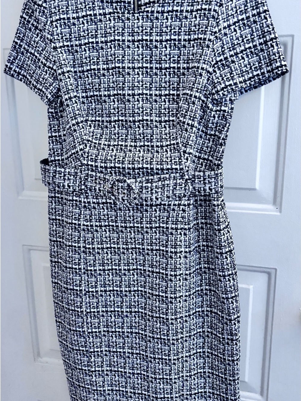 Calvin Klein Black & White Tweed Belted Midi Dress - Picture 2 of 8